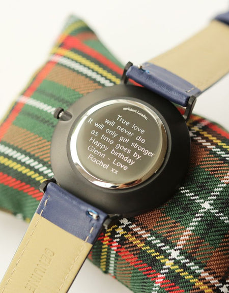 Modern Font Engraving - Men's Minimalist Watch + Admiral Blue Strap