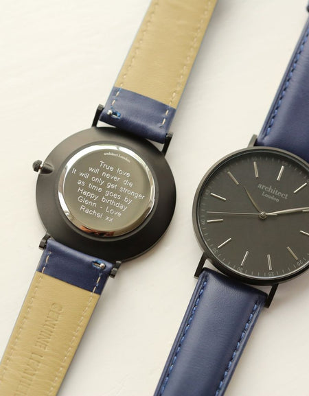 Modern Font Engraving - Men's Minimalist Watch + Admiral Blue Strap