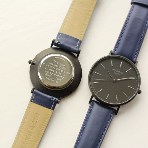 Load image into Gallery viewer, Modern Font Engraving - Men&#39;s Minimalist Watch + Admiral Blue Strap
