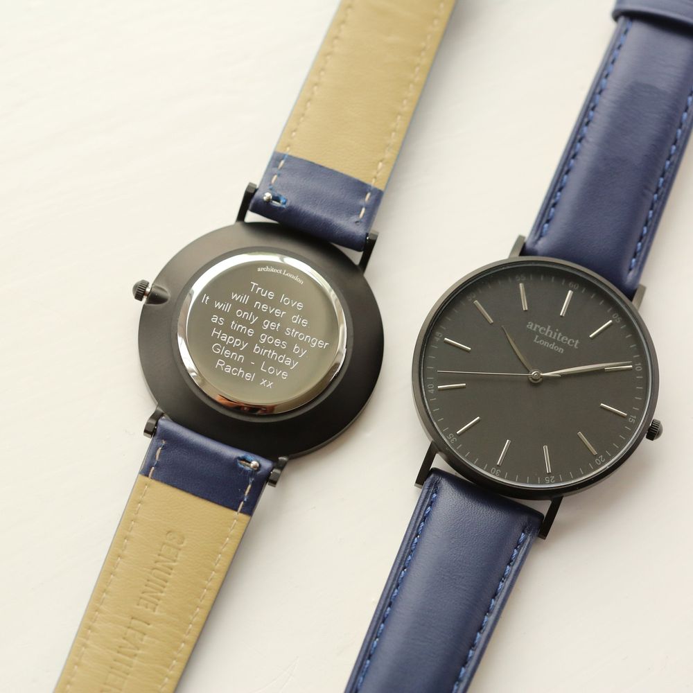 Modern Font Engraving - Men's Minimalist Watch + Admiral Blue Strap