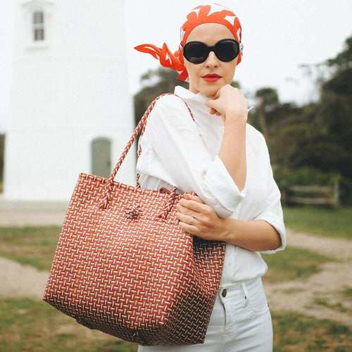 Load image into Gallery viewer, TOKO Recycled Woven Tote Bag, in Red &amp; White
