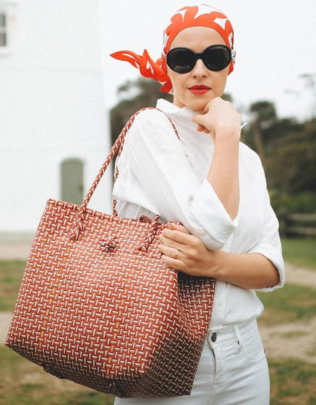 TOKO Recycled Woven Tote Bag, in Red & White