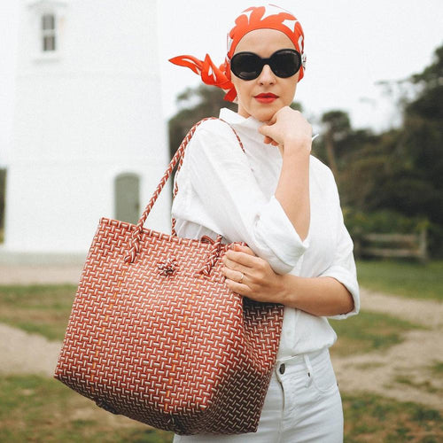 Load image into Gallery viewer, TOKO Recycled Woven Tote Bag, in Red &amp; White
