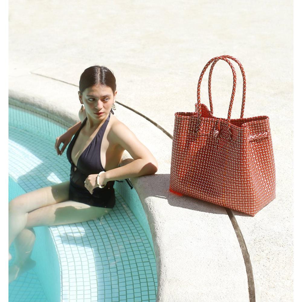 TOKO Recycled Woven Tote Bag, in Red & White