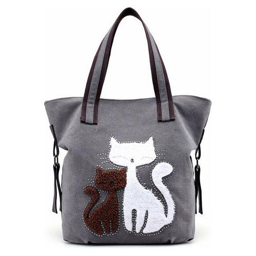 Cat Pattern Embroidered One-Shoulder Canvas Handbag For Lady