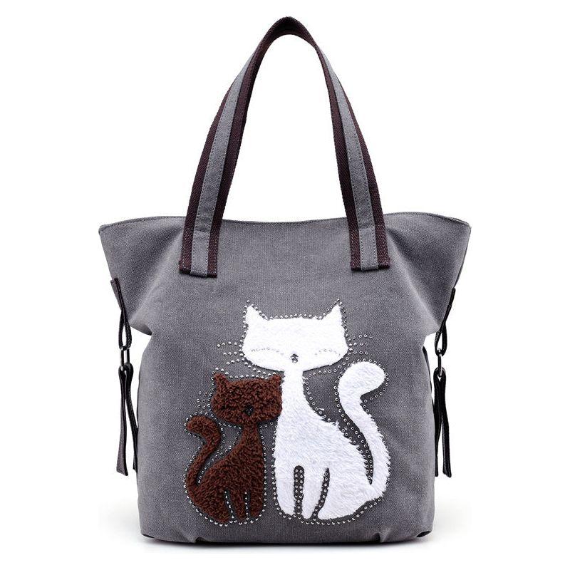 Cat Pattern Embroidered One-Shoulder Canvas Handbag For Lady