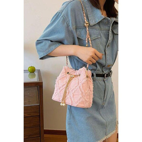 Load image into Gallery viewer, Chain Drawstring Raw Edge Denim Bucket Bag
