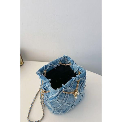 Load image into Gallery viewer, Chain Drawstring Raw Edge Denim Bucket Bag
