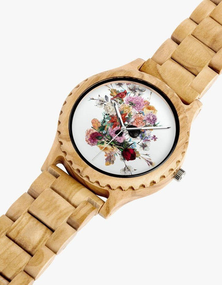 Jacki Easlick Floral Skull Italian Olive Lumber Wooden Watch
