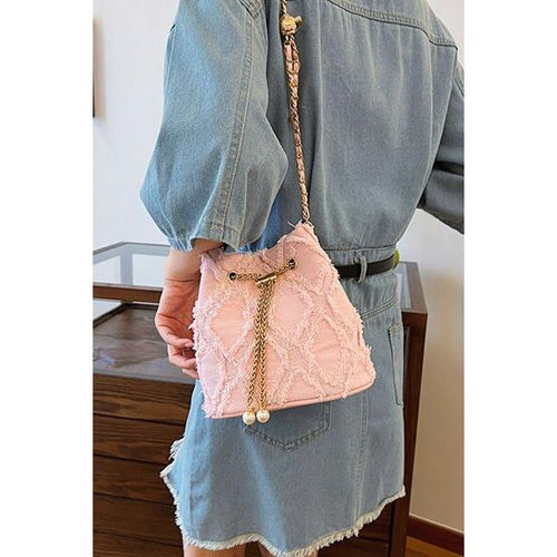 Load image into Gallery viewer, Chain Drawstring Raw Edge Denim Bucket Bag
