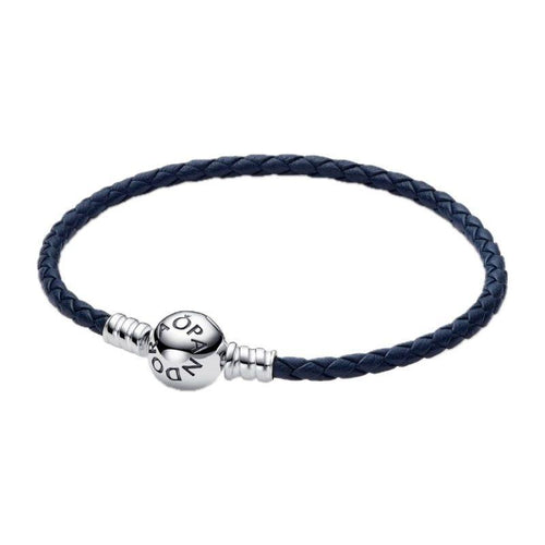 Load image into Gallery viewer, PANDORA MOMENTS COLLECTION Mod. ROUND CLASP BLUE BRAIDED LEATHER BRACELET-0
