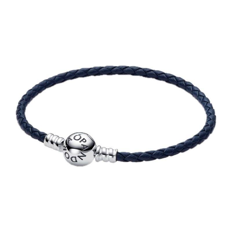 PANDORA MOMENTS COLLECTION Mod. ROUND CLASP BLUE BRAIDED LEATHER BRACELET-0