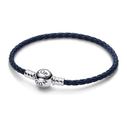 Load image into Gallery viewer, PANDORA MOMENTS COLLECTION Mod. ROUND CLASP BLUE BRAIDED LEATHER BRACELET-0
