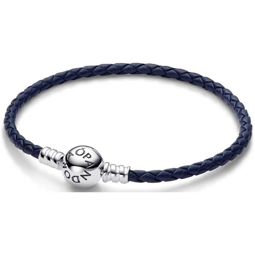 Load image into Gallery viewer, PANDORA MOMENTS COLLECTION Mod. ROUND CLASP BLUE BRAIDED LEATHER BRACELET-0
