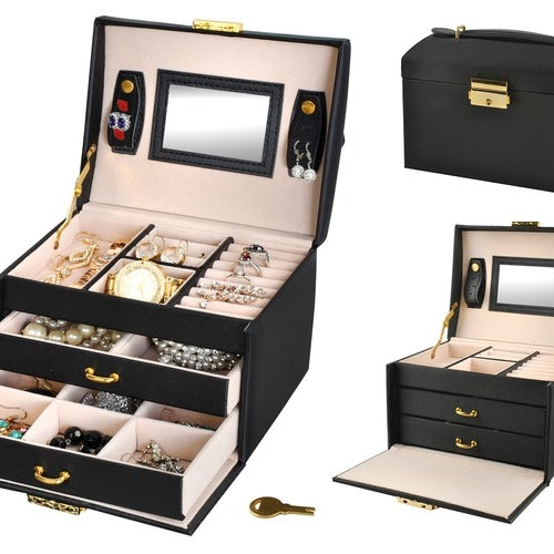 Load image into Gallery viewer, Cofanetto porta gioie in similpelle con specchietto e 2 cassetti/ Jewelry box in faux leather with mirror and 2 drawers - (18 x 15 x 15cm)-0
