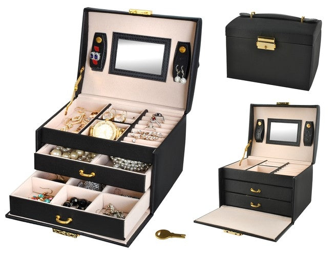 Cofanetto porta gioie in similpelle con specchietto e 2 cassetti/ Jewelry box in faux leather with mirror and 2 drawers - (18 x 15 x 15cm)-0