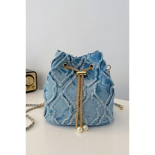 Load image into Gallery viewer, Chain Drawstring Raw Edge Denim Bucket Bag
