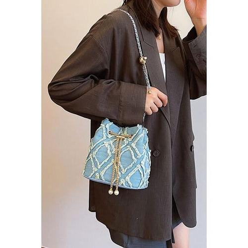 Load image into Gallery viewer, Chain Drawstring Raw Edge Denim Bucket Bag
