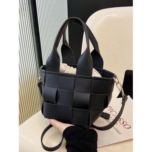 Elegant PU Leather Braided Bucket Bag