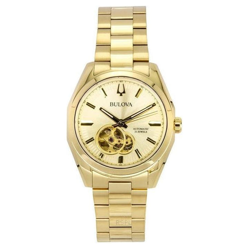 Load image into Gallery viewer, Bulova Surveyor Gold Tone Stainless Steel Open Heart Champagne Dial Automatic Men&#39;s Watch
