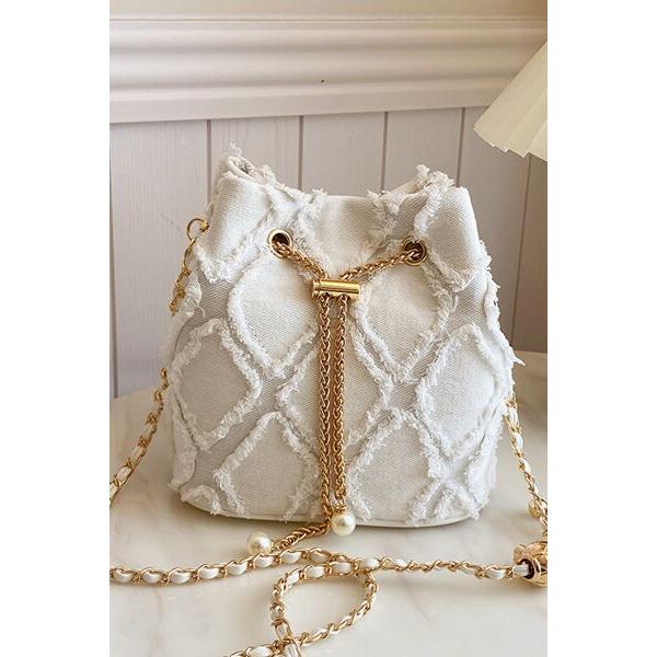 Chain Drawstring Raw Edge Denim Bucket Bag