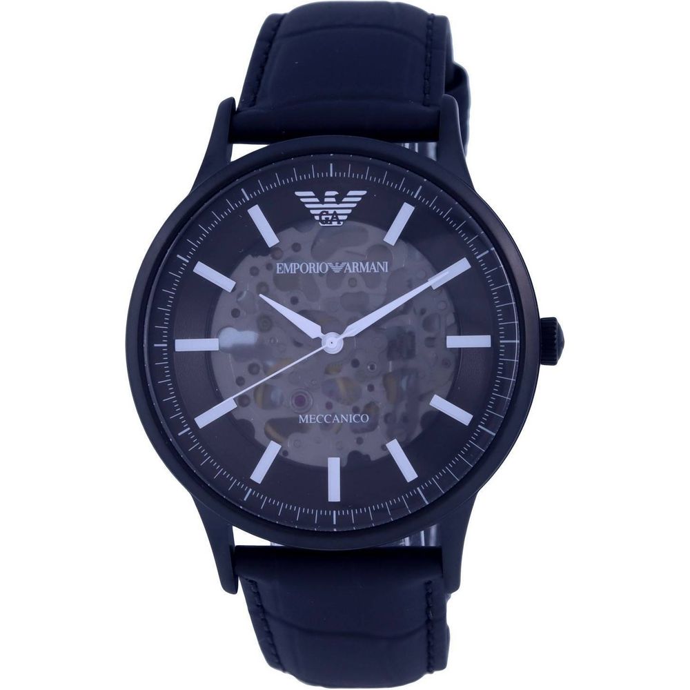 Emporio Armani Automatic Skeleton Leather Black Dial Men's Watch