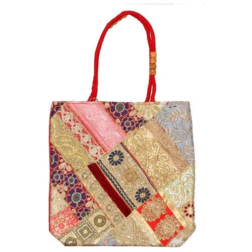 Load image into Gallery viewer, Banarasi Raw Silk Patchwork Sequin Zardozi Embroidery Lace Tote Bag
