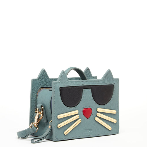 Load image into Gallery viewer, SUSU Leather Cat Purse Crossbody Mineral Blue
