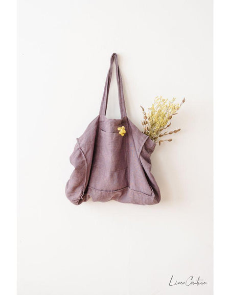 Linen beach bag with pocket and zipper in Pastel Plum