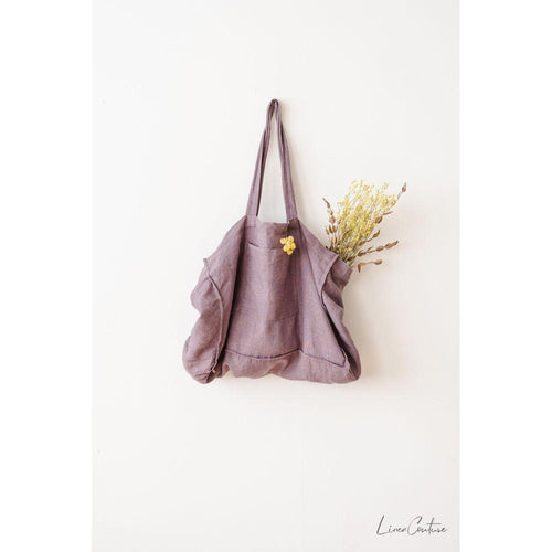 Load image into Gallery viewer, Linen beach bag with pocket and zipper in Pastel Plum
