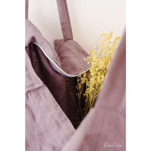 Load image into Gallery viewer, Linen beach bag with pocket and zipper in Pastel Plum
