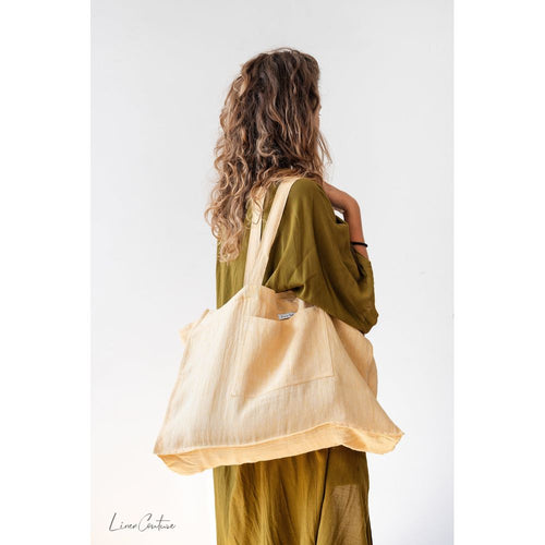 Load image into Gallery viewer, Linen beach bag with pocket and zipper in Canary Yellow
