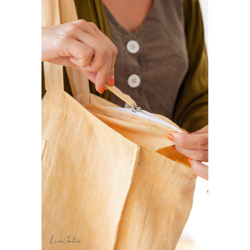 Load image into Gallery viewer, Linen beach bag with pocket and zipper in Canary Yellow
