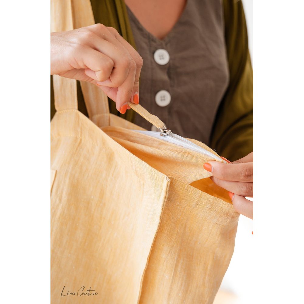 Linen beach bag with pocket and zipper in Canary Yellow