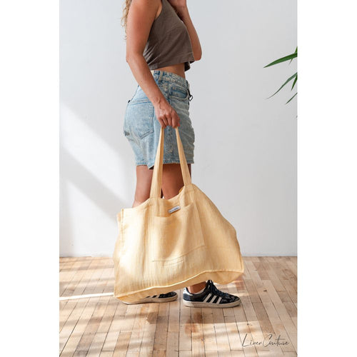 Load image into Gallery viewer, Linen beach bag with pocket and zipper in Canary Yellow
