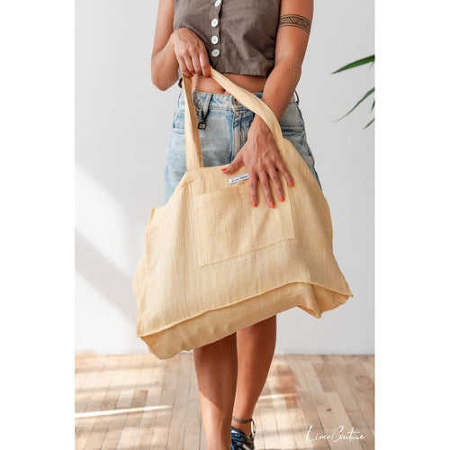 Load image into Gallery viewer, Linen beach bag with pocket and zipper in Canary Yellow
