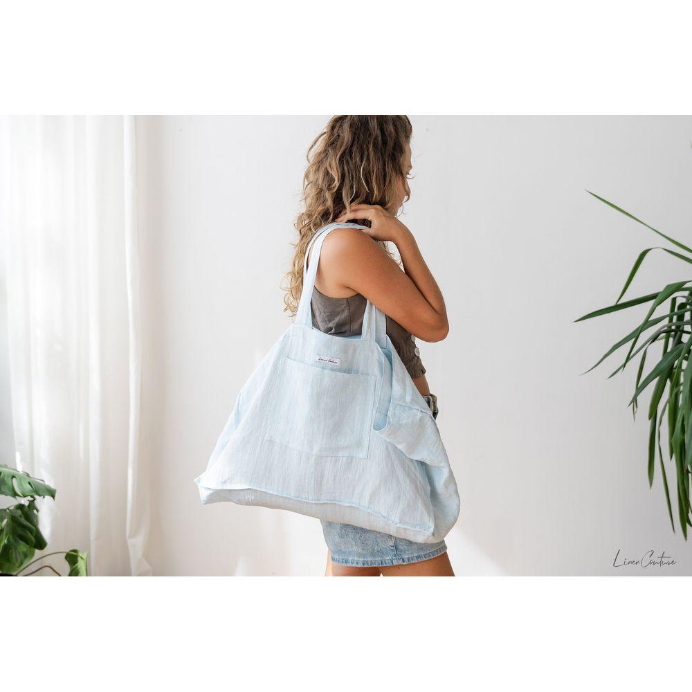 Linen beach bag with pocket and zipper in Baby Blue