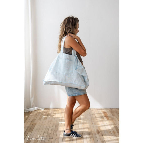 Load image into Gallery viewer, Linen beach bag with pocket and zipper in Baby Blue
