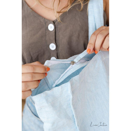 Load image into Gallery viewer, Linen beach bag with pocket and zipper in Baby Blue
