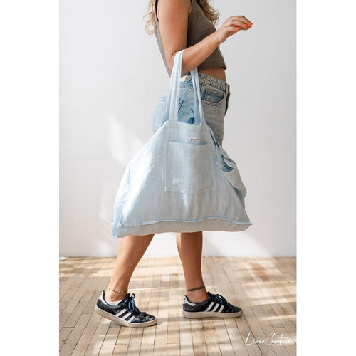 Load image into Gallery viewer, Linen beach bag with pocket and zipper in Baby Blue
