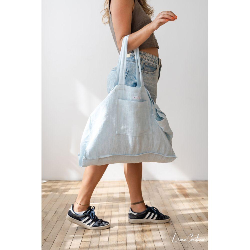 Linen beach bag with pocket and zipper in Baby Blue