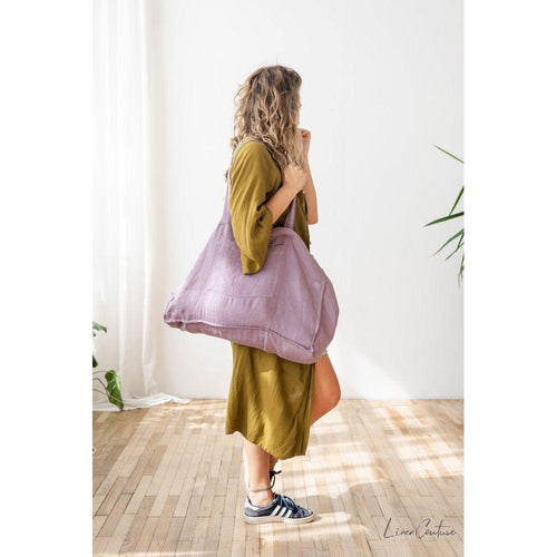 Load image into Gallery viewer, Linen beach bag with pocket and zipper in Pastel Plum
