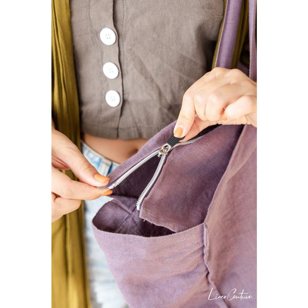 Linen beach bag with pocket and zipper in Pastel Plum