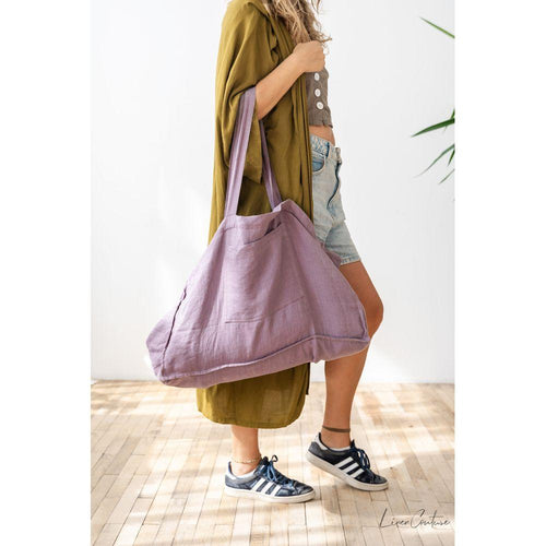 Load image into Gallery viewer, Linen beach bag with pocket and zipper in Pastel Plum
