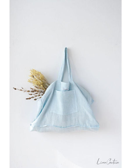 Linen beach bag with pocket and zipper in Baby Blue