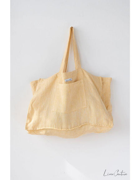 Linen beach bag with pocket and zipper in Canary Yellow