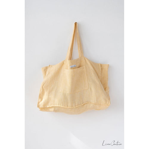 Load image into Gallery viewer, Linen beach bag with pocket and zipper in Canary Yellow
