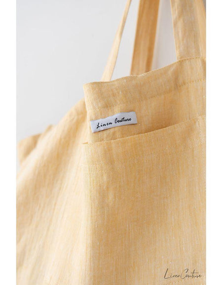 Linen beach bag with pocket and zipper in Canary Yellow