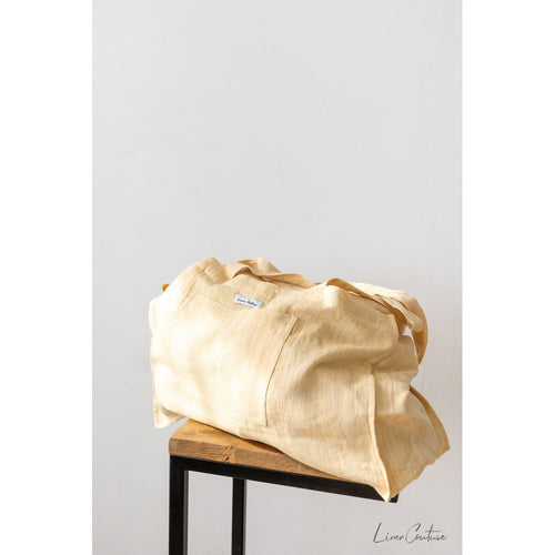 Load image into Gallery viewer, Linen beach bag with pocket and zipper in Canary Yellow
