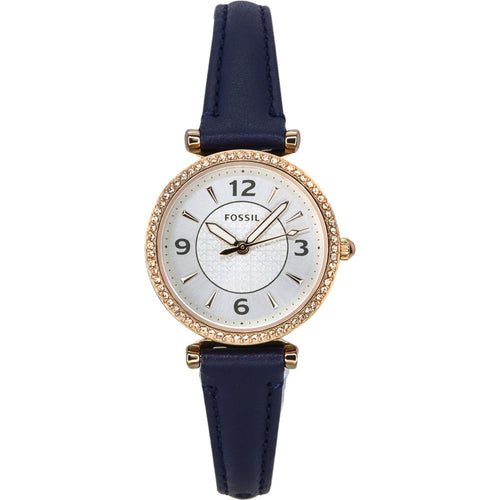 Load image into Gallery viewer, Fossil Carlie Crystal Accents Silver Dial Navy LiteHide Leather Quartz Women&#39;s Watch
